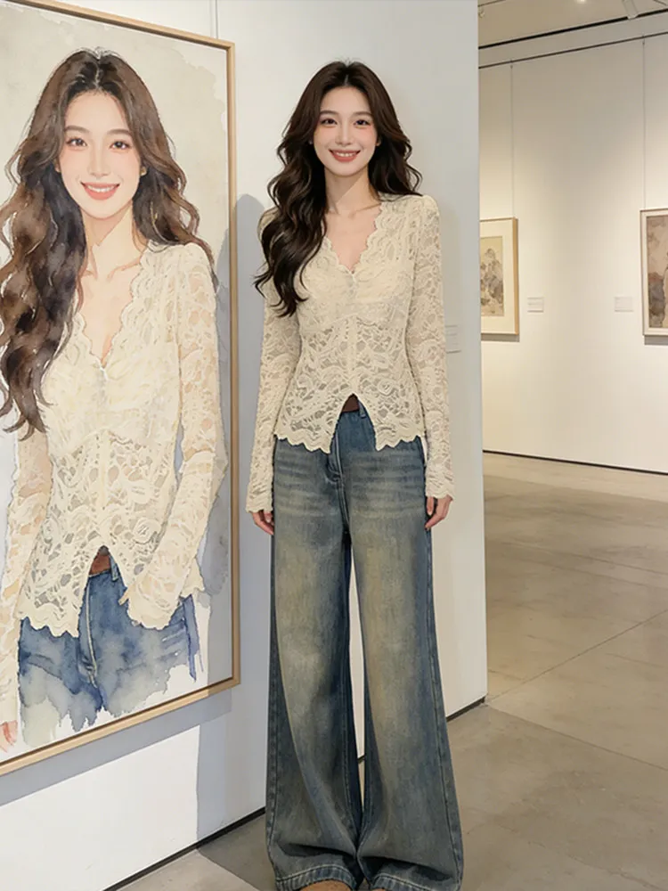 

Retro Lace Hook-Design V-Ne ort Fit Slimming Women's Top Autumn Winter Cleanfit Long Sve Breathable Skin-friendly