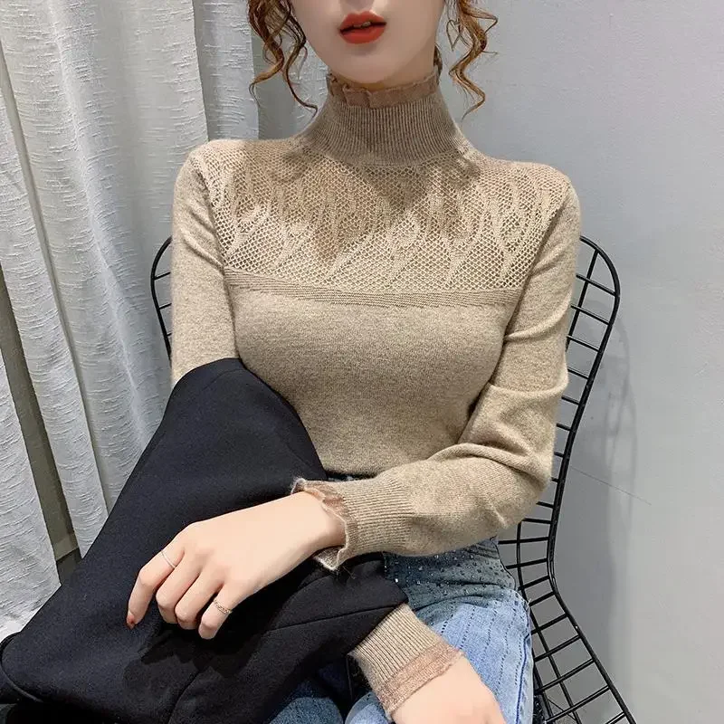 

Autumn Women's Pullover Half High Collar Lace Hollow Out Solid Fashion Casual Elegant Commuter Long Sleeve Sweater V1610