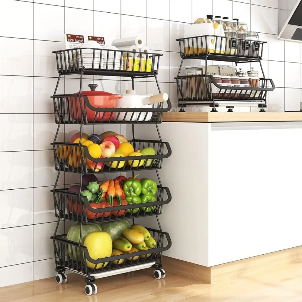 

Stackable and Vegetable Storage Stand Cart,Vegetable Organizer Produce Bins Rack Onions Potatoes,Metal Wire Baskets,Black