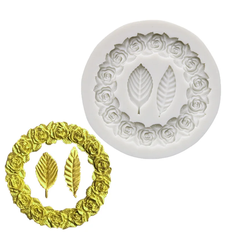 

Rose Garland Leaf Frame Silicone Mold Fondant Chocolate Cake Decoration 3D Wreath Leaves Picture Frame Sugar Moulds For Baking