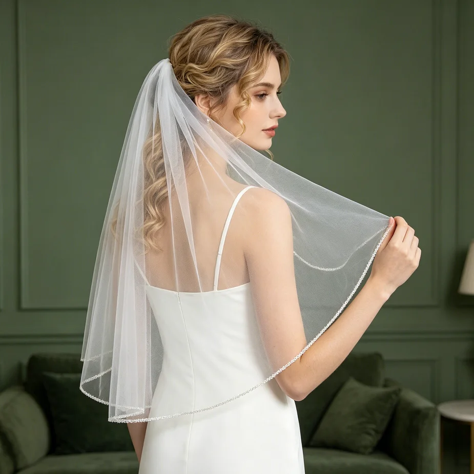 Luxury Bridal Veil Pearls&Tube Beads Edge Sheer Tulle Multi Lengths Elegant Wedding Veil for Church/Party Bride Accessory G156
