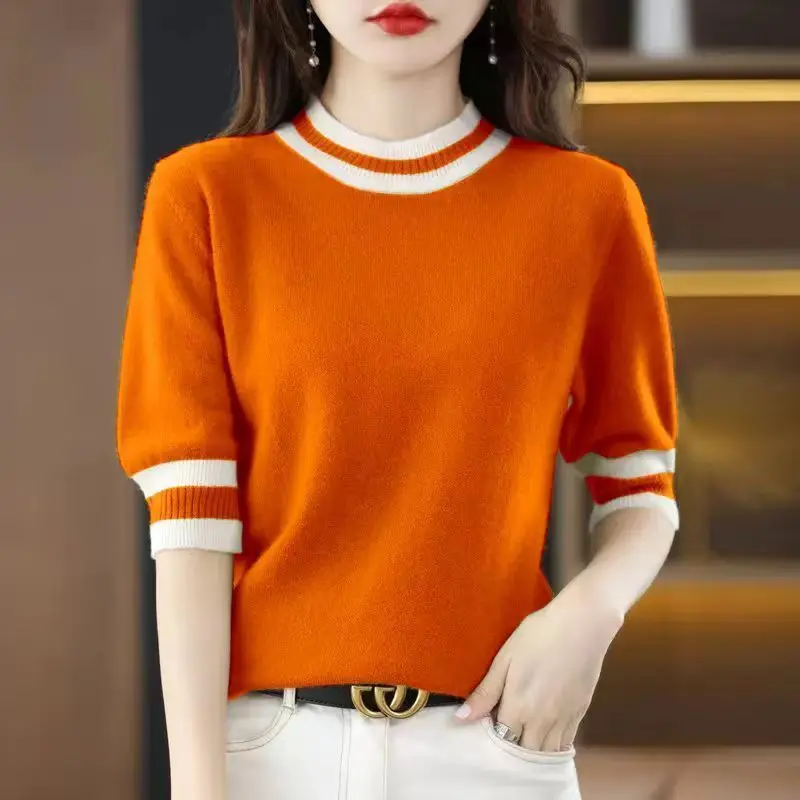 Korean Fashion Women Clothing Half Sleeve Sweaters Spring Summer New O-Neck Contrast Color Knitted Loose All-match Basic Tops