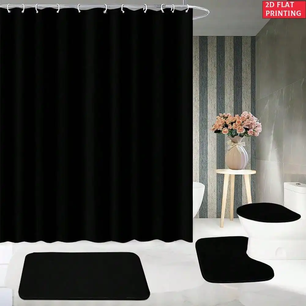 2D Flat Set of 4pcs: Shower Curtain with 2D Flat Black Background, 12 Hooks, Non-Slip Bath Mat, U-Shaped Rug, and Toilet Lid Cov
