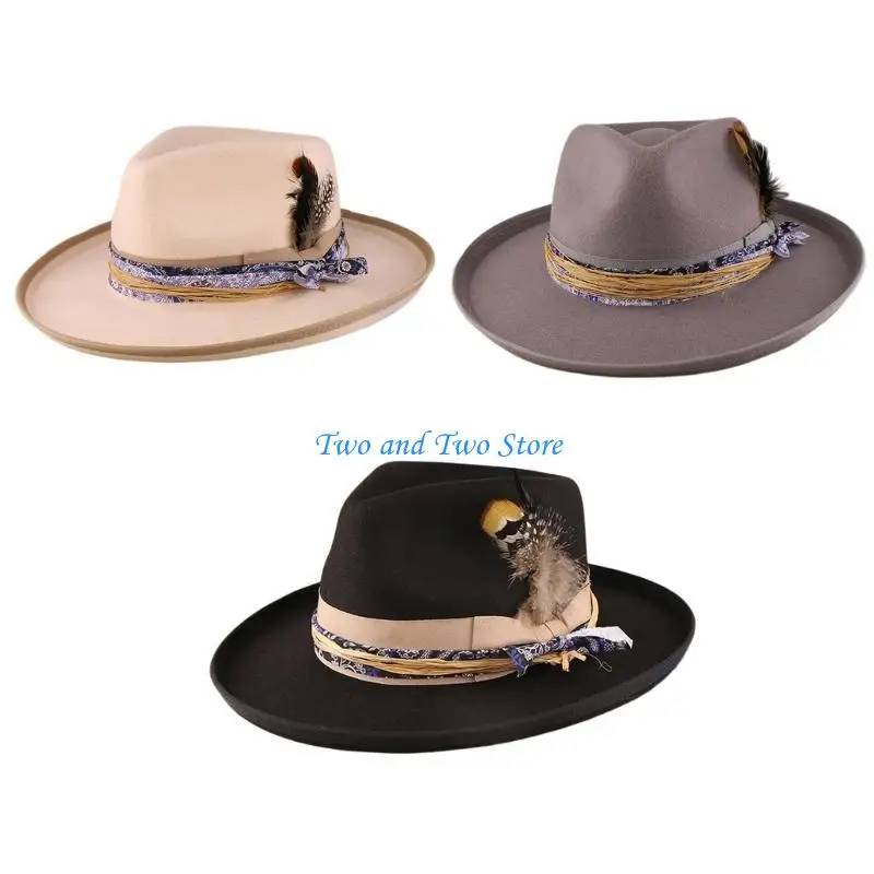 

HX6F Elegant Large Roll Brim Wool Hat With Feathered Woven Belt For Men And Women Halloween and Music Festival Accessories