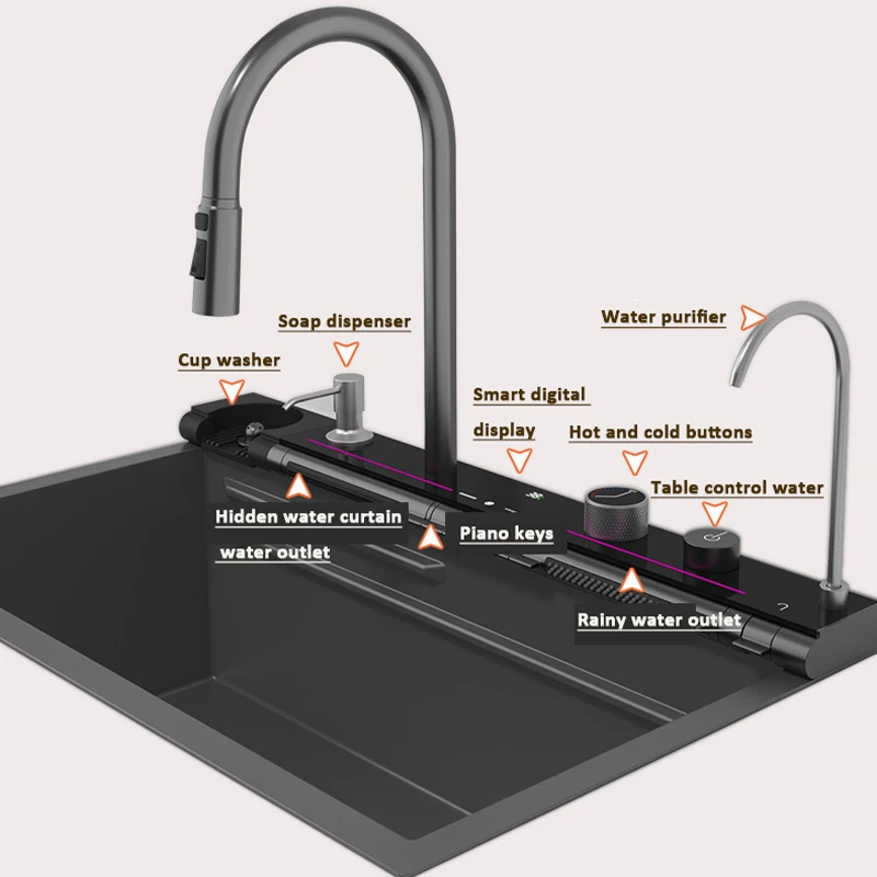 

Blue Whale Dragon Rain Digital Display Large Single Sink Faucet with Integrated Multifunctional Atmosphere Light