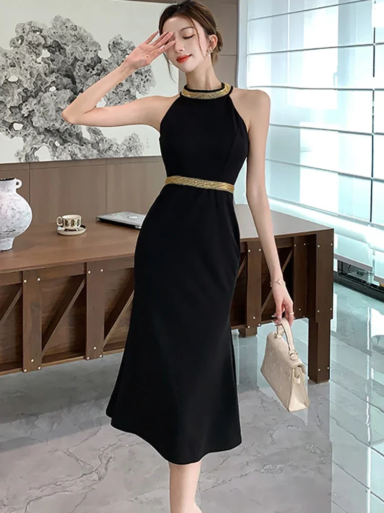 

Women Elegant Luxury Long Dress Gown Summer Korean Bodycon Dress 2025 Black Patchwork Diamonds Backless Sexy Neck-mounted Dress