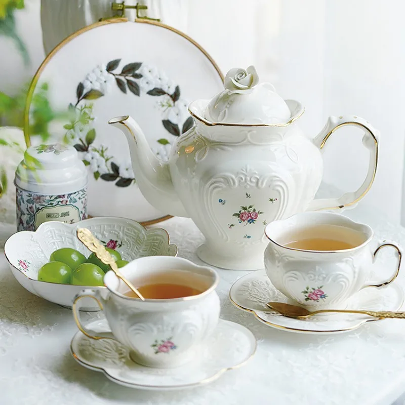 

European Retro Floral Coffee Cup and Tea Set, Teaware Dinnerware, Flower Cup, Spoon Set, Dinner Plate, Kettle, Tableware