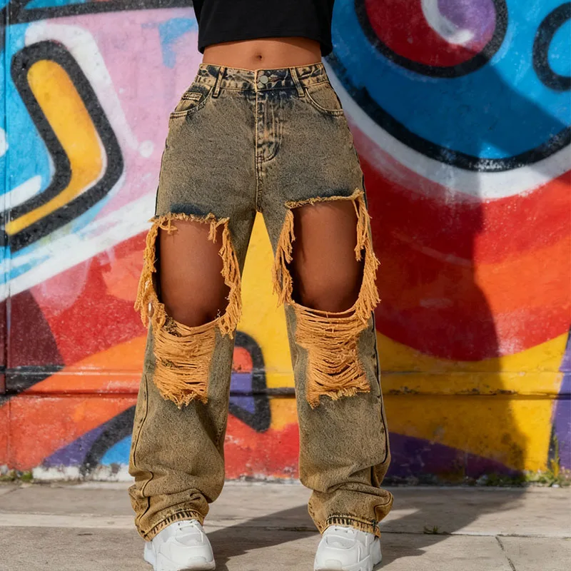 

Женские рваные широкие драпированные брюки с высокой талией в американском стиле Y2K, окрашенные в грязью джинсовые брюки для уличной моды