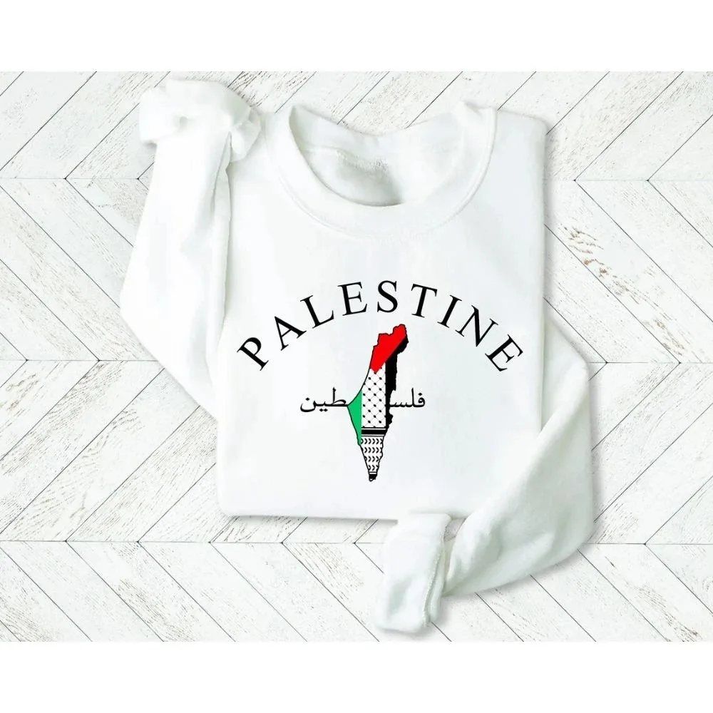 Palestine Map Cotton Sweatshirt Palestine Arabic Name Printed Long Sleeve T-Shirt Adult Pullover Crew Neck Sweatshirt