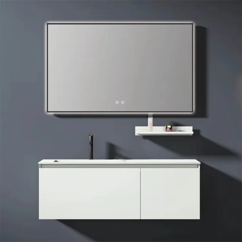 

Luxury modern single sink bathroom vanity with marble mirror floating wood cabinet