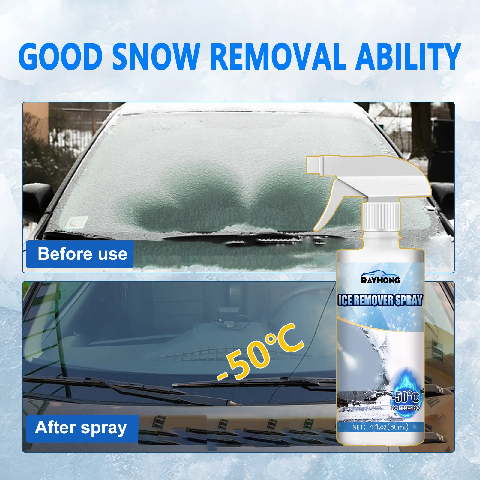 Car Windshield Deicer Spray Instantly Melts Ice on Contact & Prevents Frost Overnight All-Season Windshield Snow Remover 60ml