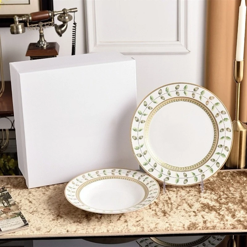 

Роскошные 10-дюймовые и 8-дюймовые круглые тарелки для стейка из костяного фарфора для современной домашней столовой, элегантная посуда в западном стиле