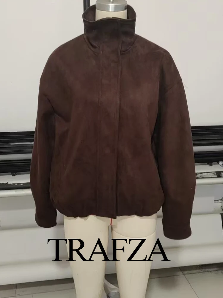 

TRAFZA Autumn Woman High Collar Zipper Pocket Design Long Sleeves Casual Short Jackets Women Loose Street Style Slim Coats