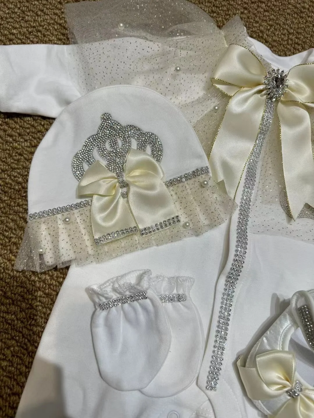 Beige Baptism Baby Girl 0-6m Coming Home Hospital Outfit Cape shawl Pearly Sparkle Bling Wedding Sequines organza 4pcs Layette