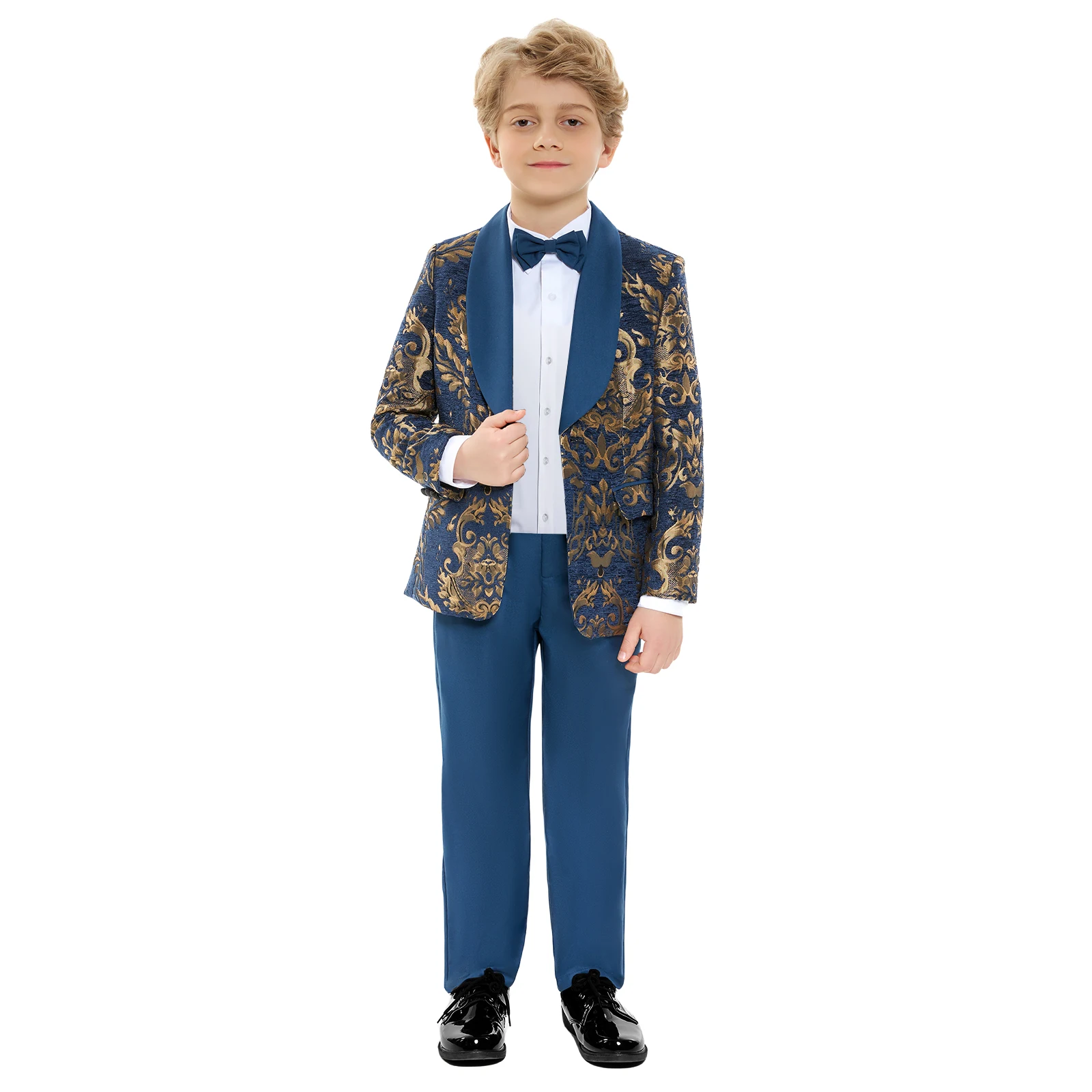 Boy\'s Suit Set 3 Pieces Luxury Gold Paisley Kids Formal Tuxedo Wedding Ring Bearer Prom Outfit Stylish Child Suits Jacket Pants