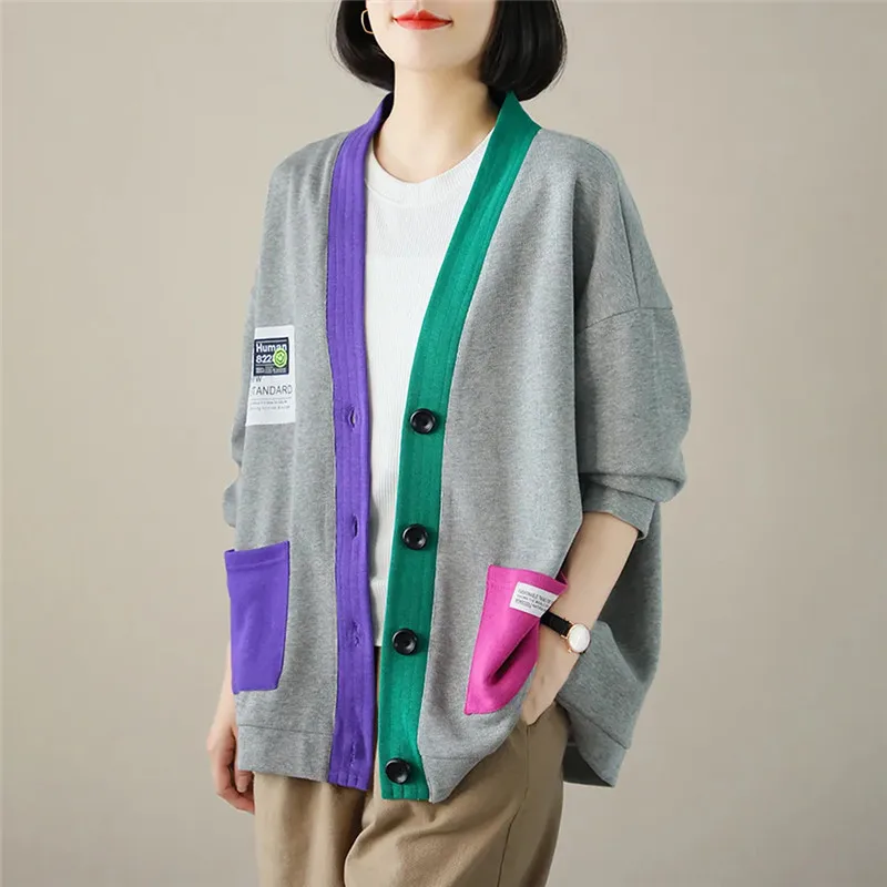 2023 Spring Autumn Pocket Knit Cardigan Literature Art Contrast Color V-Neck Long-Sleeved Knitwear Tops Loose Sweater Coat Woman