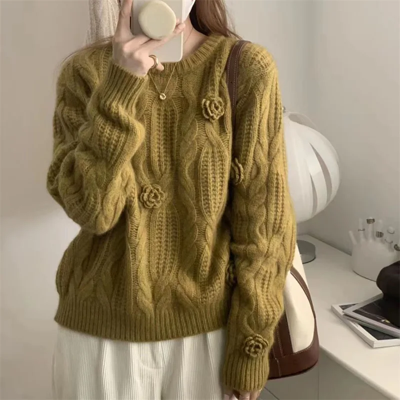 Women\'s Sweater Autumn Winter Fashion Crochet Flower Retro Pullover Long Sleeve Knitted Jumper Design Outdoor Top Loose Sweaters