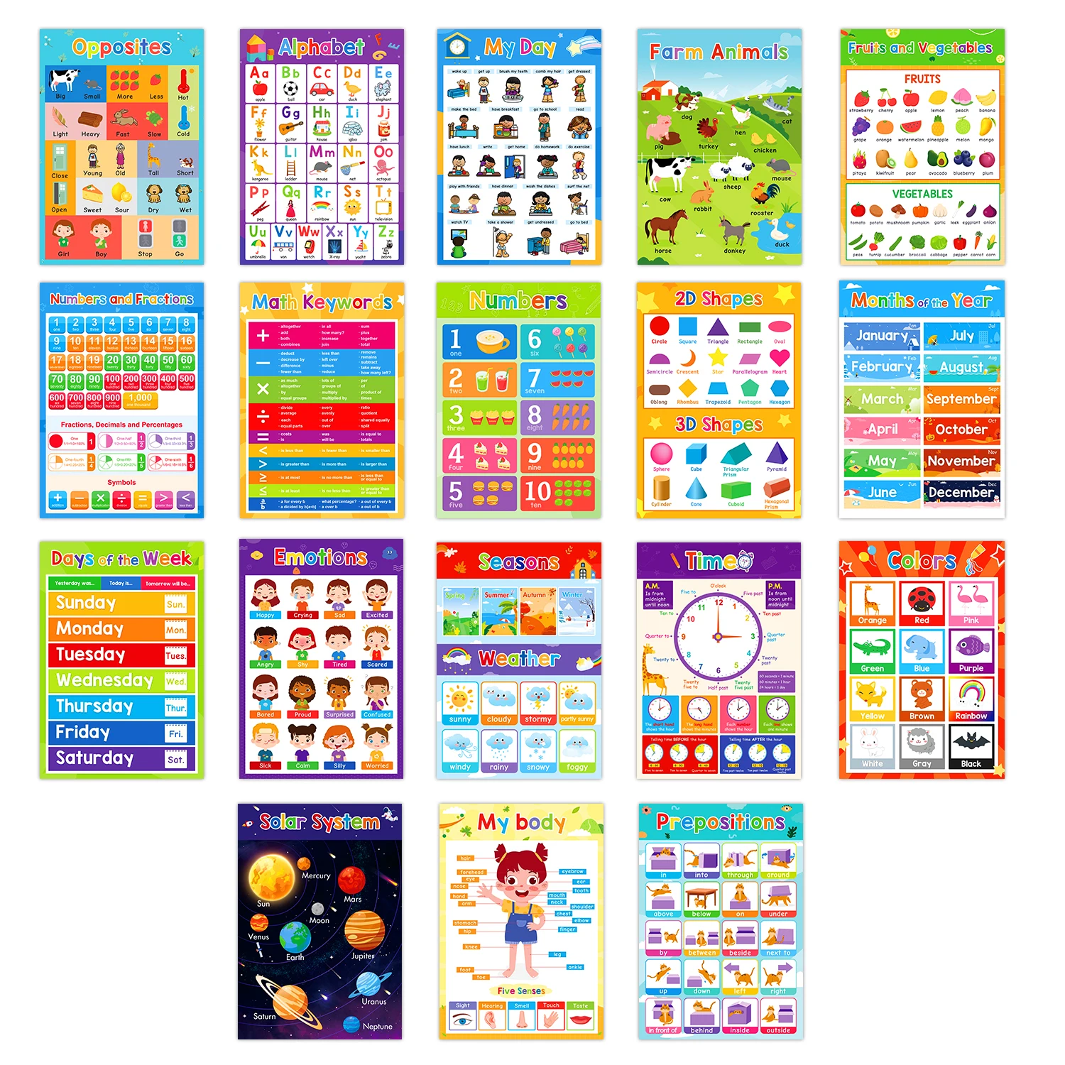 18 Homeschool Educational Learning Posters for Preschoolers Toddlers Kindergarten Wall Kids Poster Classroom Supplies Decor