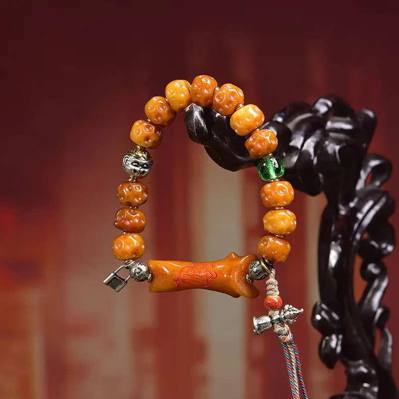 النمط التبتي المستصلح العظام منحوتة حبلا واحدة الفضة مطلي الزجاج الطاووس حجر العقيق البوذية الصلاة حبة سوار #5