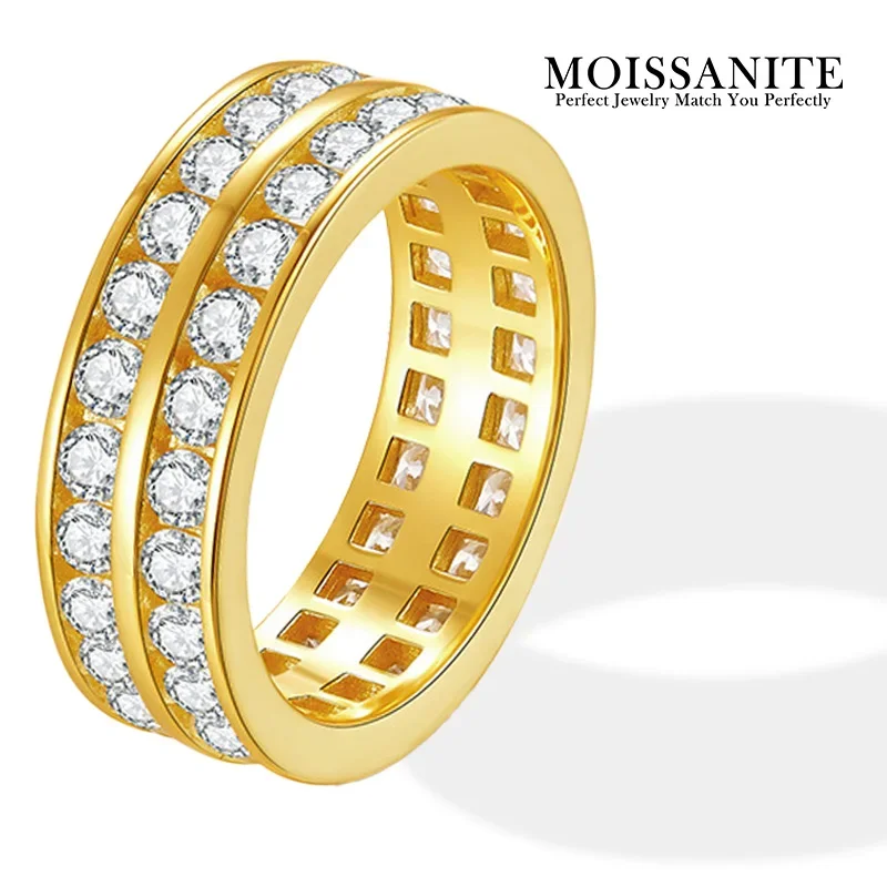 

2.5mm Moissanite Ring Gold Plated 925 Sterling Silver Double Row Hip Hop Wedding Band Jewelry for Men and Women Gift
