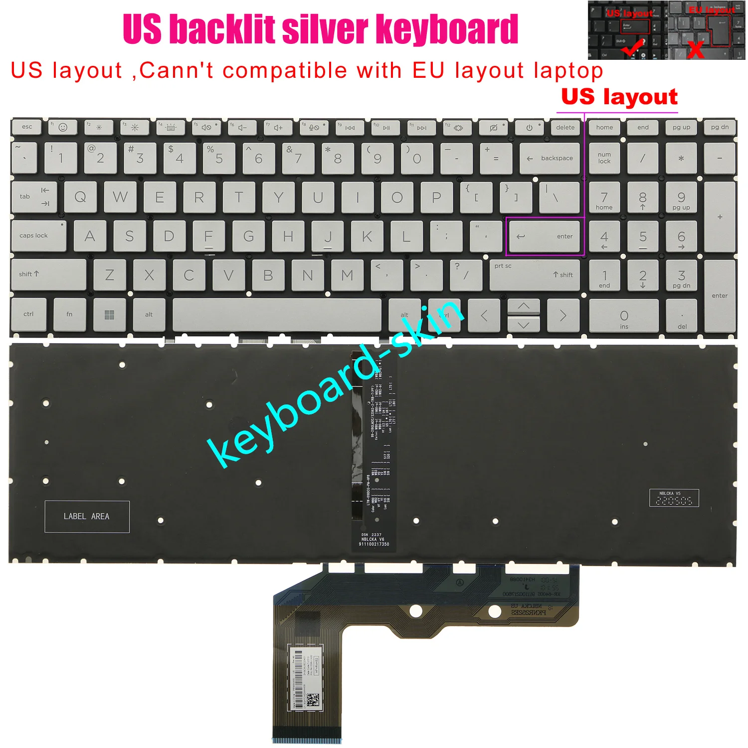 

New US silver backlit keyboard for HP ENVY 17-CW*** 17t-CW*** 17t-cw100 TPN-C176 17-DA*** 17t-DA** TPN-C176 17-da0013dx laptop