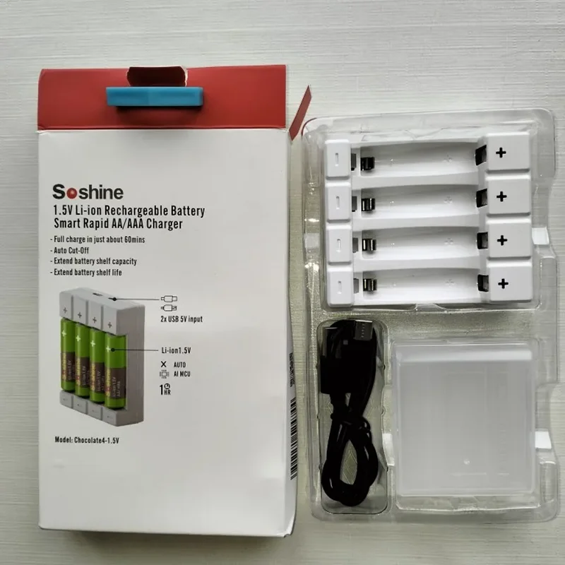 Soshine Smart White 1.5V Li-ion Battery Charger 1.5V Li-ion AA AAA Rechargeable Batteries Charger Type-C USB for 2A 3A Charger