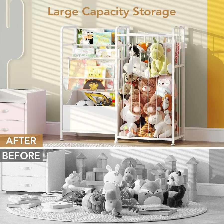 BBLIKE Bookshelf and Stuffed Animal Storage MultiFunction Nursery Book Shelves with Leather Toy Box and PVC Book Display Toy Or