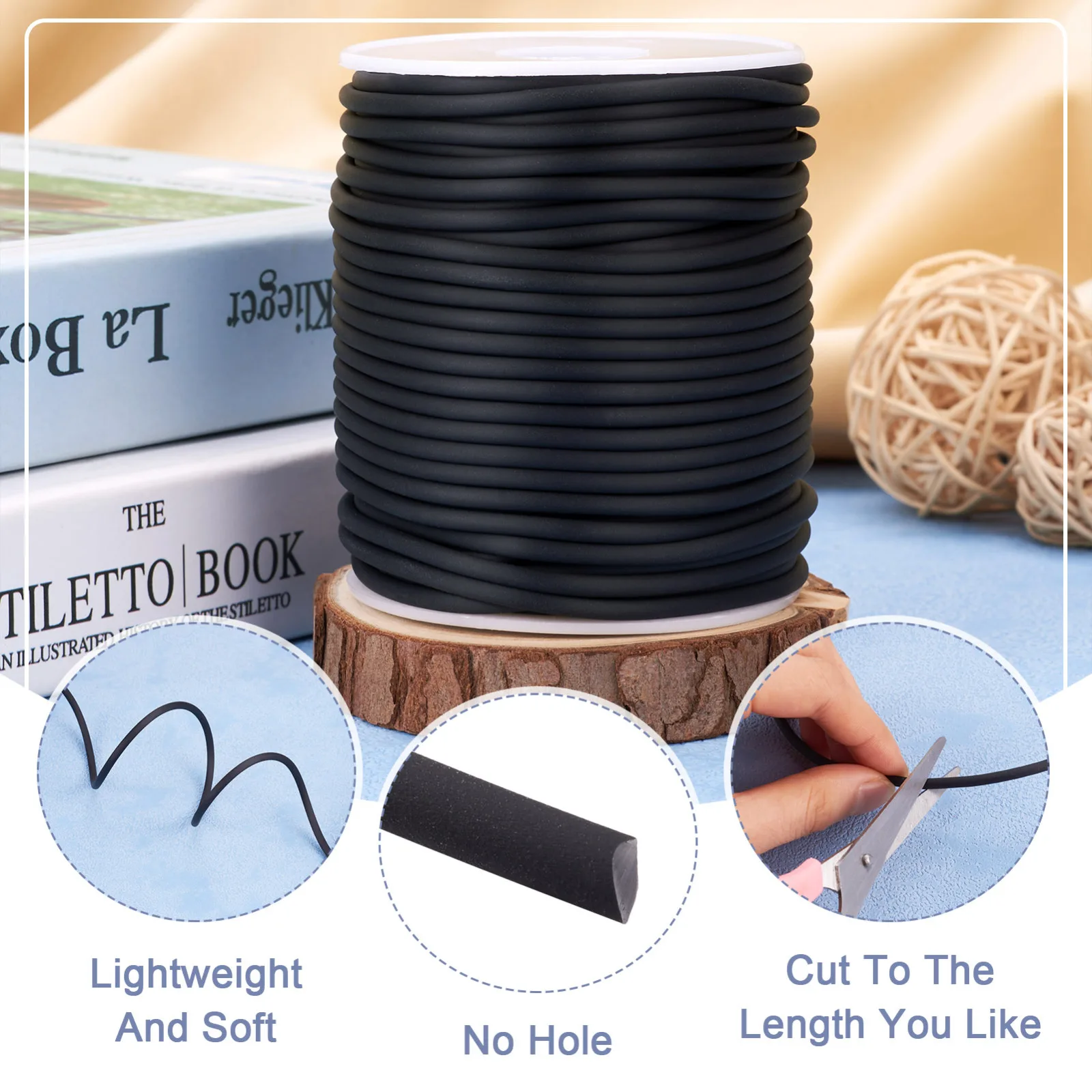 1Roll 2mm/3mm/4mm/5mm PVC Tubular Solid Rubber Black Cord Wrapped Around White Plastic Spool for DIY Jewelry Making 4 Size