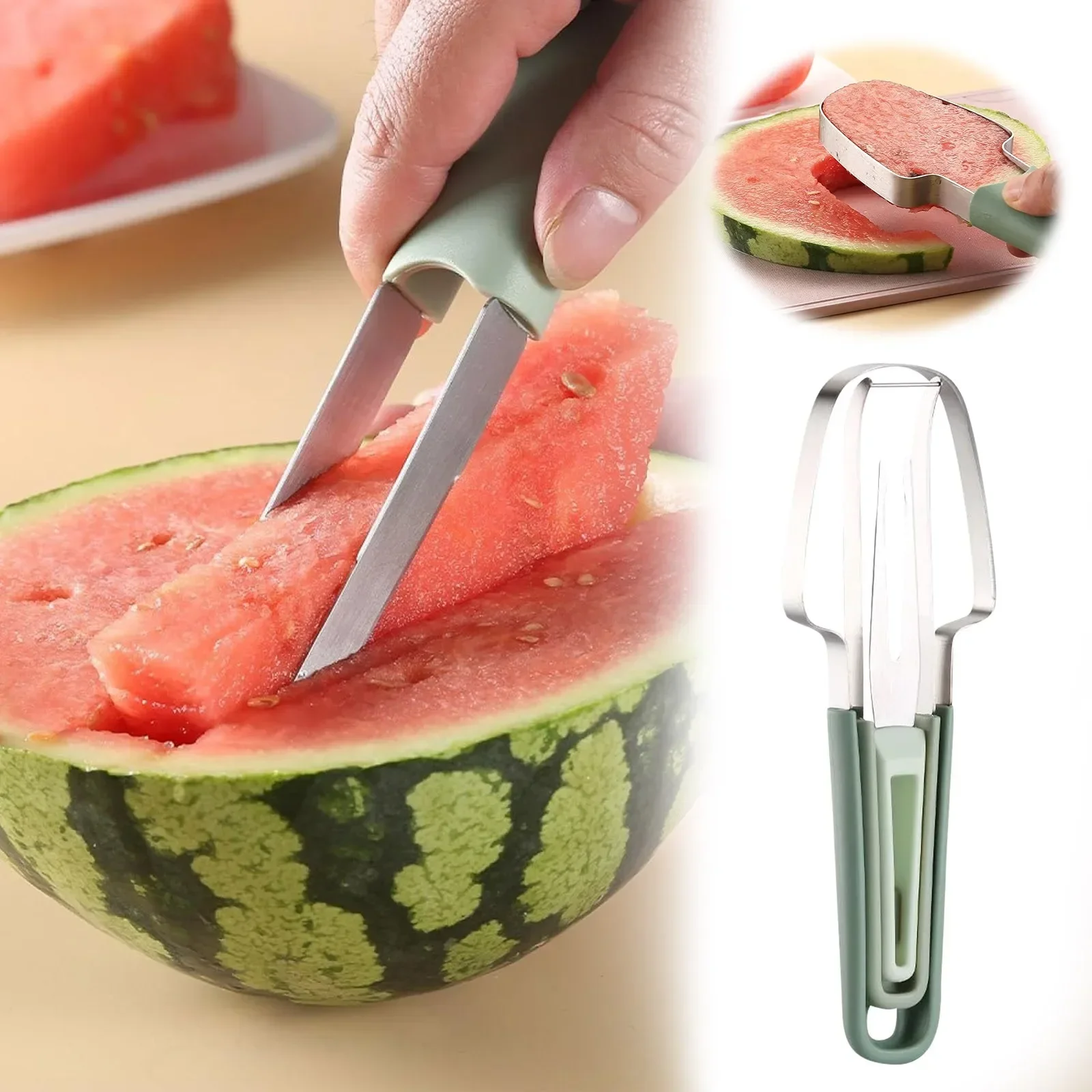 Cortador de tenedor y sandía 3 en 1, herramienta de corte de fruta y sandía de acero inoxidable, juego de cuchillos rebanadores y tenedores para el hogar y la cocina