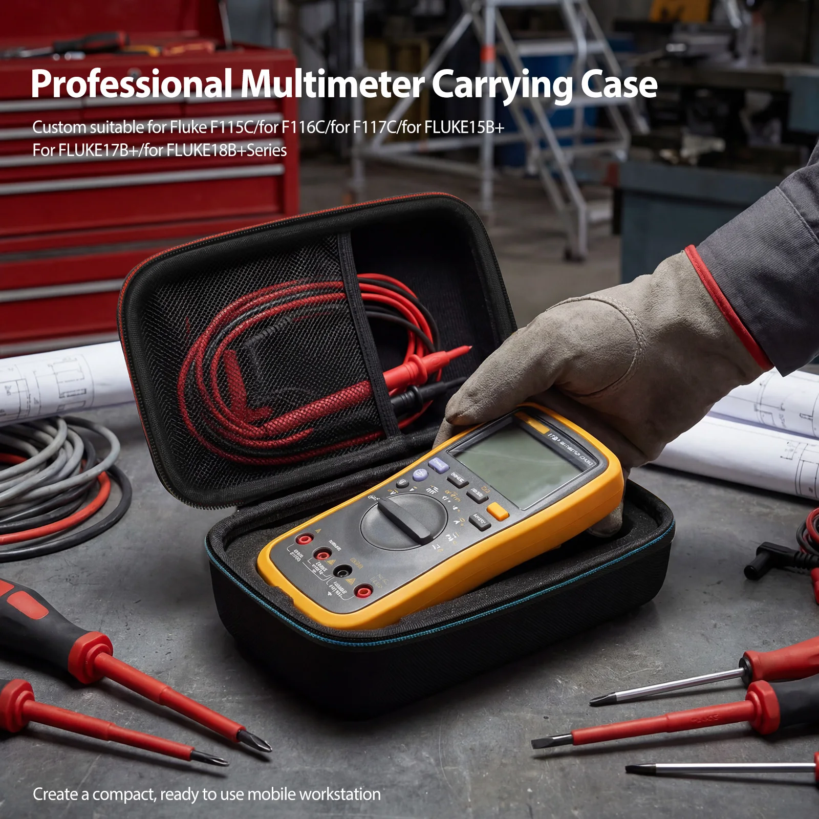 Hard EVA Multimeter Case for F117C 15B+ 17B+ Digital Meter Shockproof Portable Tool Box Organizer with Mesh Pocket Zipper
