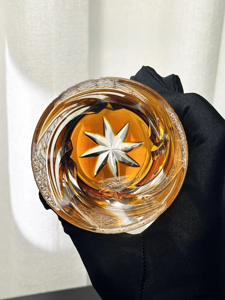 Japanese Edo Kiriko Craft Pure Hand-Carved Flame Patter Crystal Glass With Exquisite Packaging Gift Box Amber Black Drinking Cup