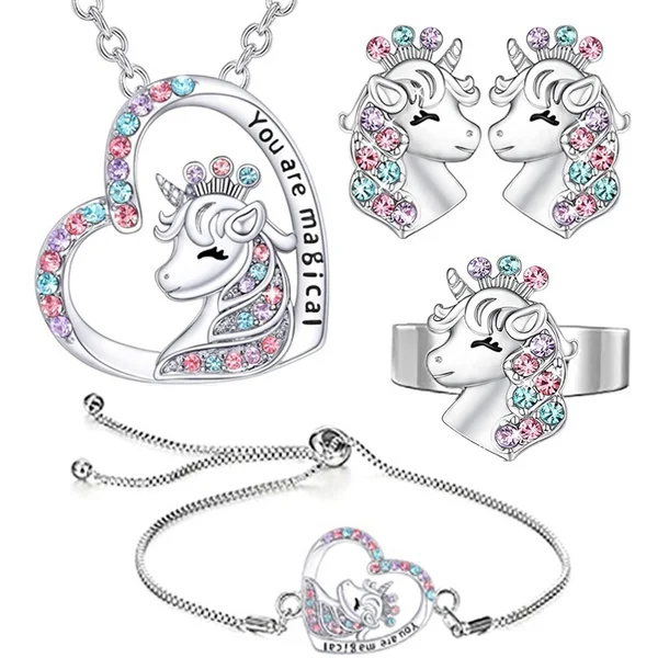 You Are Magical Heart Birthstone Crystal Unicorn Necklace Bracelet Earrings Adjustable Ring Girl Gift Horse Jewelry Set Joyas