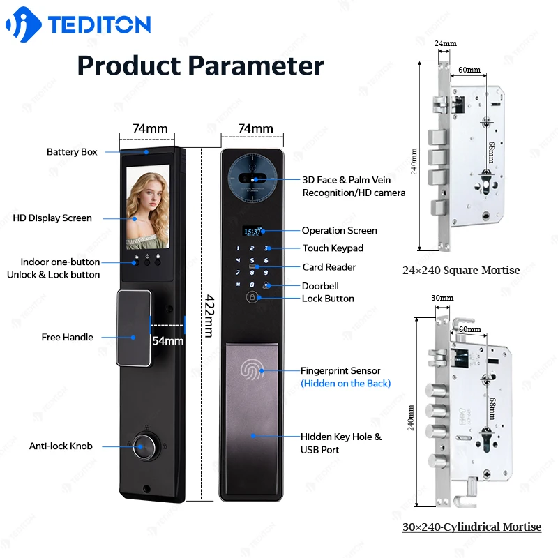 Tediton Video Digital Fingerprint Face Palm Vein Smart Door Lock with Tuya Wifi Inteligente Biometric Smart Lock for Wood Door