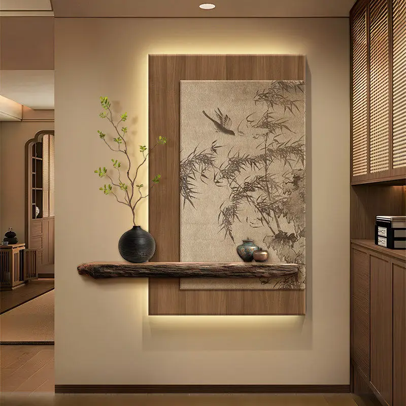 Decorative painting, high-end sense of entry, bamboo hanging painting, tea room atmosphere wall lamp opposite the door
