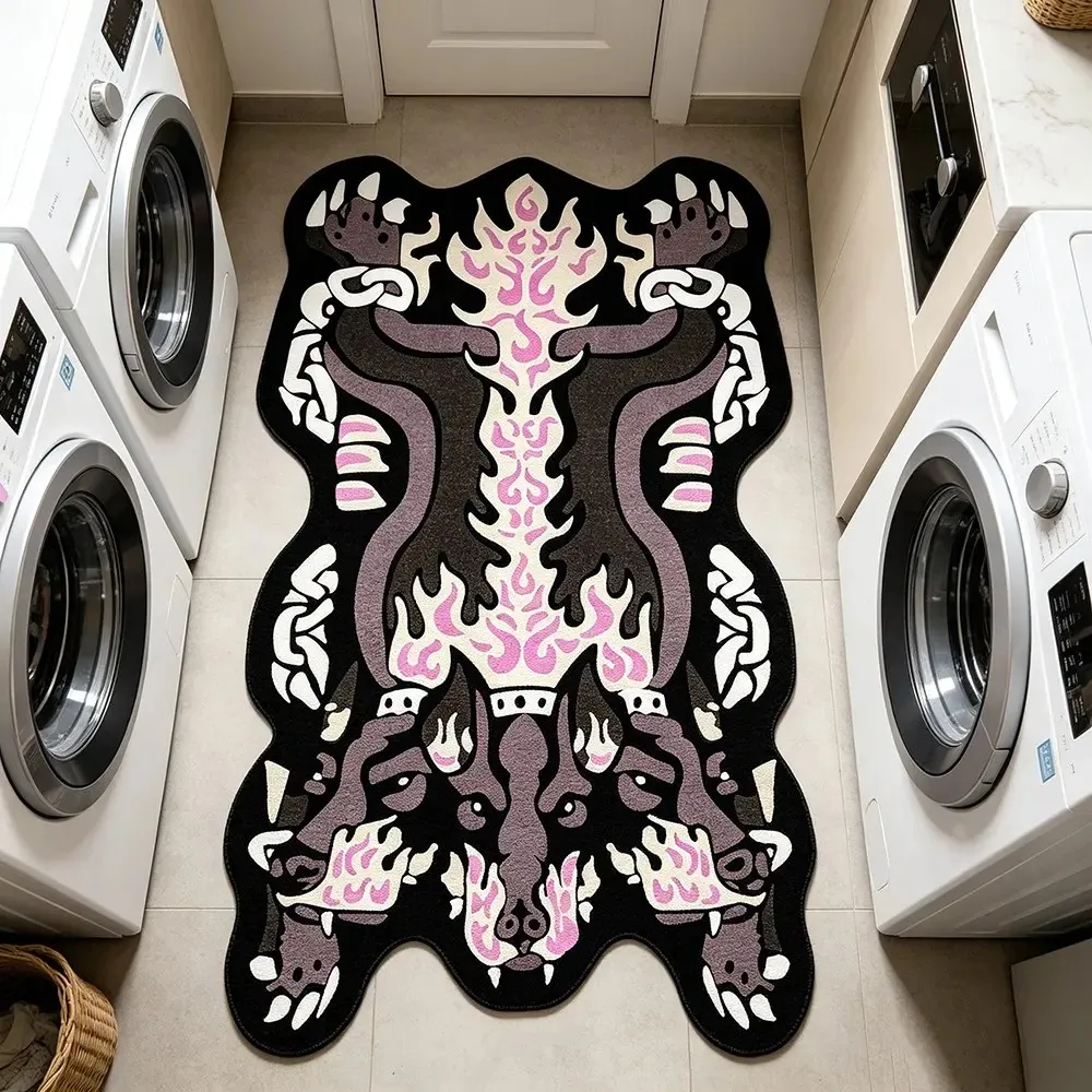 Cerberus Three Headed Dog Irregular Shaped Area Rug Flame Chain Print Non‑Slip Floor Mat for Living Room Bedroom Home Decor