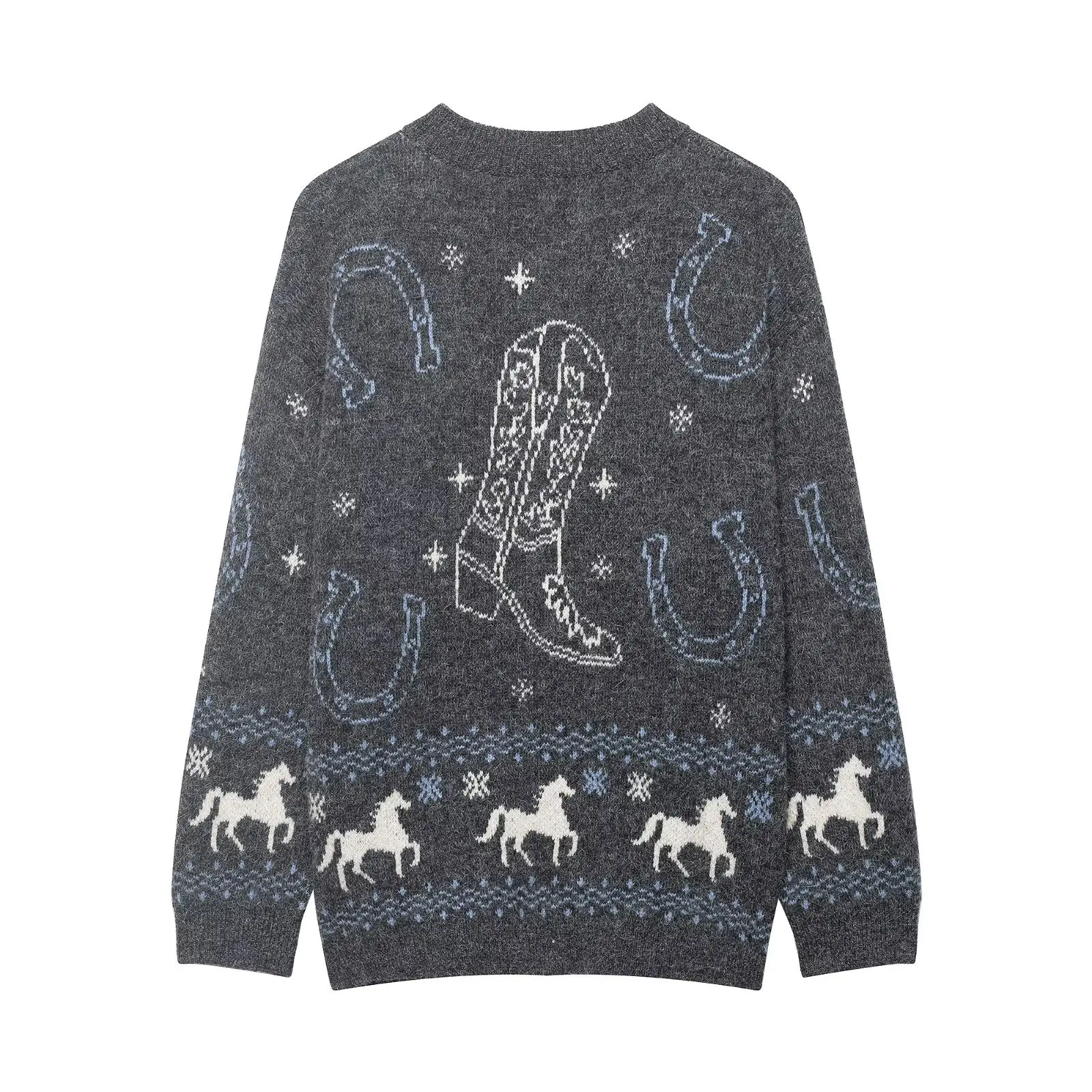 Women's Fashionable Patchwork Button Knit Jacket Gray Knit Cardigan Horse Pattern For Women Crew Neck Button Front Casual OAHF