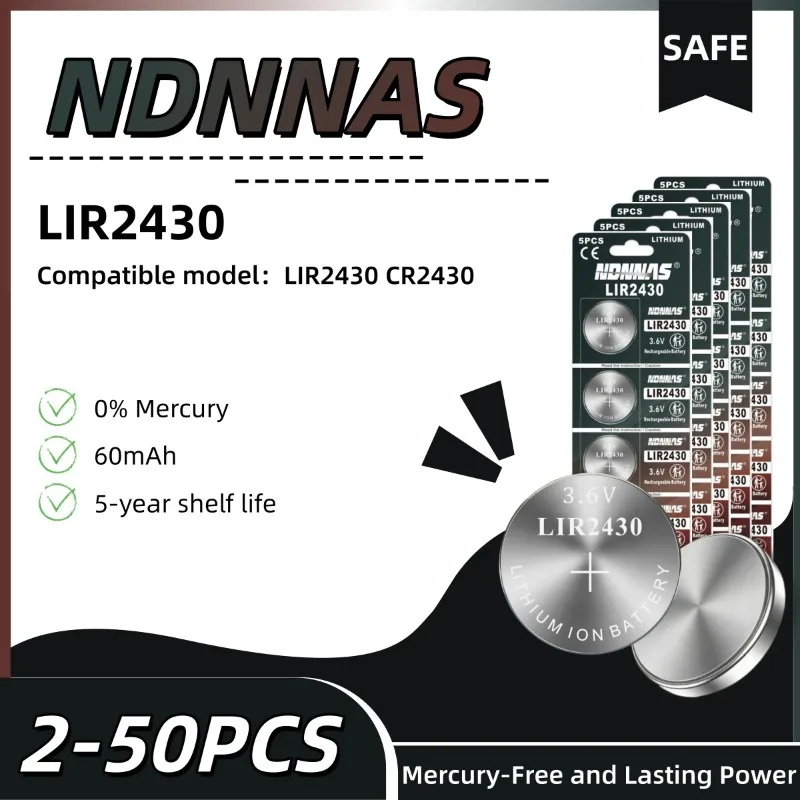 

LIR2430 3.6V 60mAh Rechargeable Button Battery 2-50PCS, Replace CR2430 for Car Key, Watch, Toys