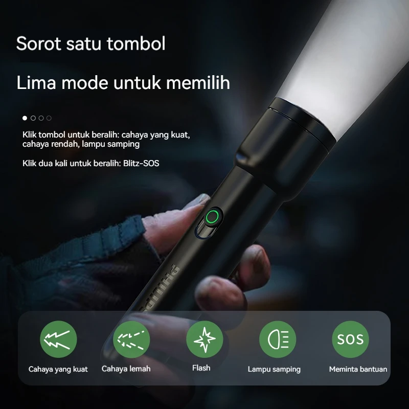 Philips Zoom Flashlight Portable Flashlight With 5 Lighting Modes USB Rechargeable Flashlight For Self Defense Camping Outdoor