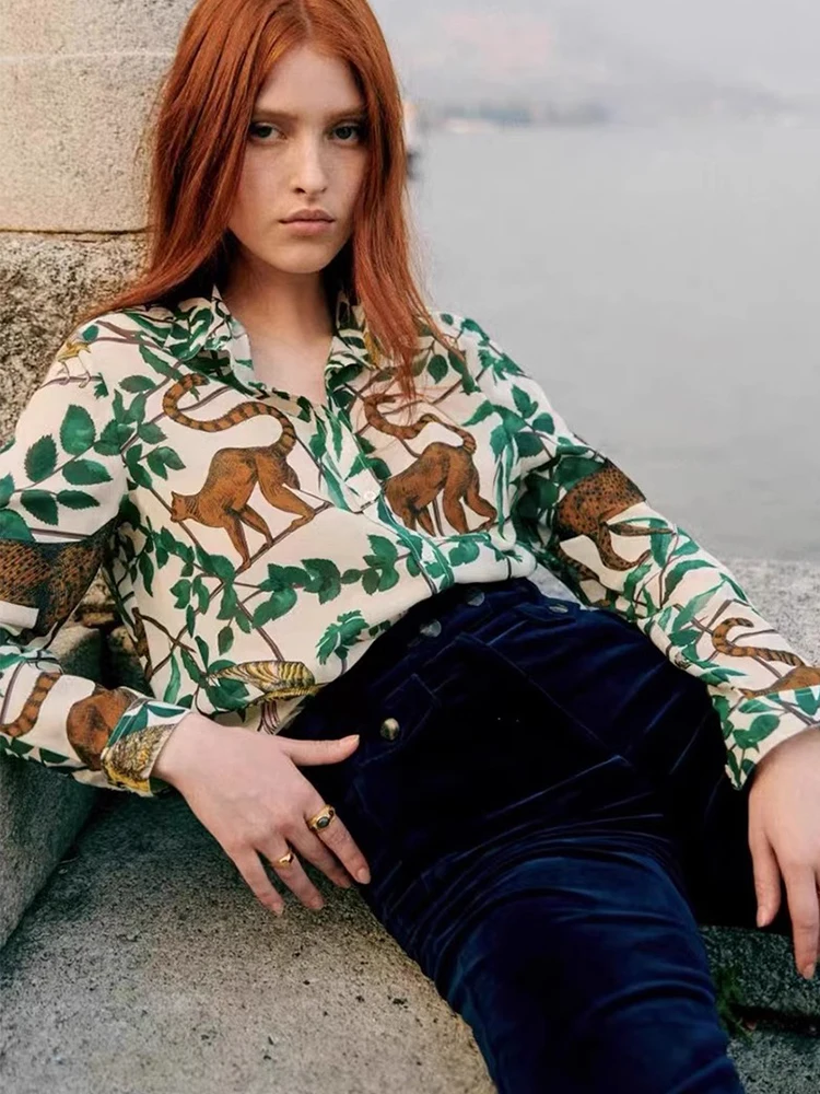 

Spring 2024 Women's Long Sleeve Floral Print Shirt Stand Collar Street Style Straight Cut Polyester Fiber Button Closure Top