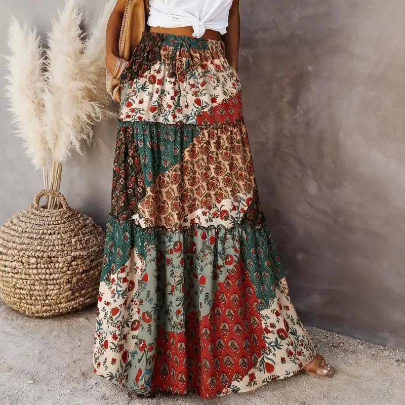 

W0YA Pleated Long Skirts for Women Summer Casual Elastic High Waisted Skirts A-Line Flowy Swing Maxi Skirt