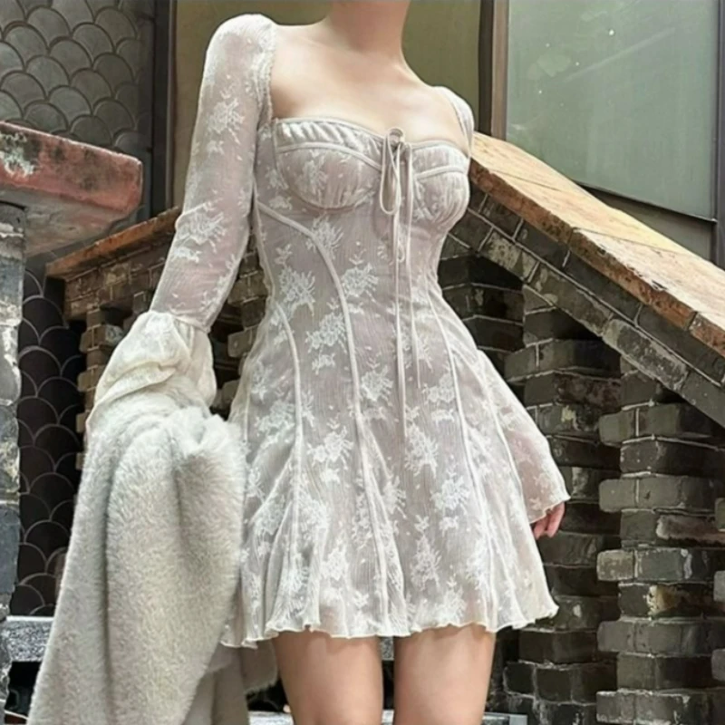 

Лето 2026, модное платье трапециевидной формы с квадратным воротником и расклешенными рукавами, элегантное стильное кружевное платье с длинными рукавами для женщин