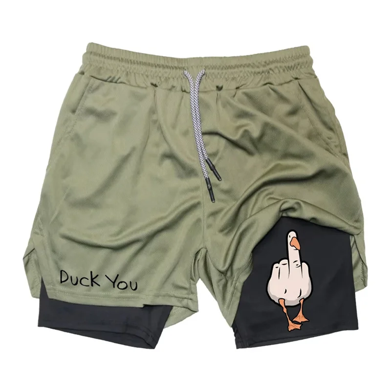 

Cartoon Duck Print Men's Shorts Summer Double Layer Letter Print Quick Drying Pants Fitness Tracksuit Beach Short Pants
