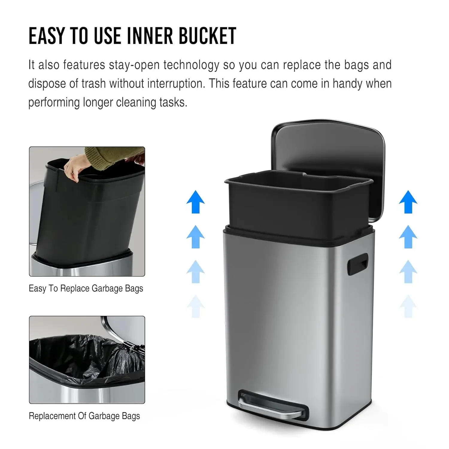 13 Gallon Stainless Steel Foot Pedal Trash Can with Soft Close Quiet Lid, Stainless-Steel Thickened Body Rectangular G