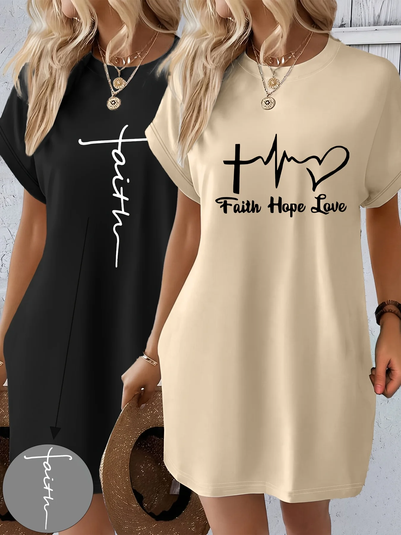 Robe t-shirt décontractée en tricot pour femmes, avec lettres de foi imprimées, col rond, manches courtes, haut à la mode, noir avec motif de drapeau coloré