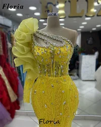 Yellow One Shoulder Prom Dresses Crystals Long Mermaid Wedding Party Dress Plus Size Arabic Dubai Engagement Evening Gowns Robes