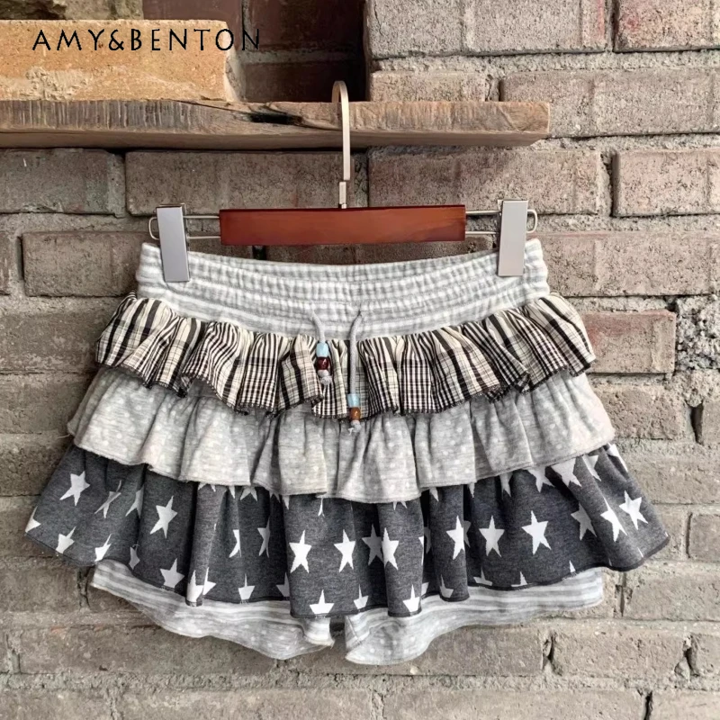 

Винтажная женская юбка с трехслойным дизайном в горошек, звезды и клетку, весна-лето 2026, в стиле Y2K, милая, стильная, универсальная