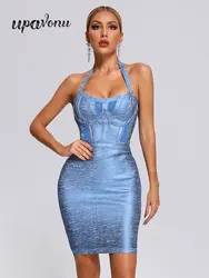Sexy Summer Coated Bandage Dress Women Neck Hanging Sleeveless Bodycon Backless Mini Dress Celebrity Evening Club Party Vestidos