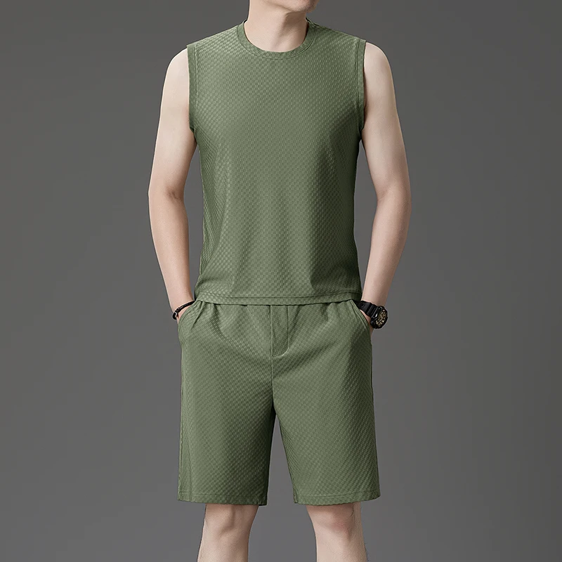 Men's Casual Business Loose and Comfortable Ice Silk Quick-drying Vest Two-piece Set Breathable T-shirt Shorts Sports Casual