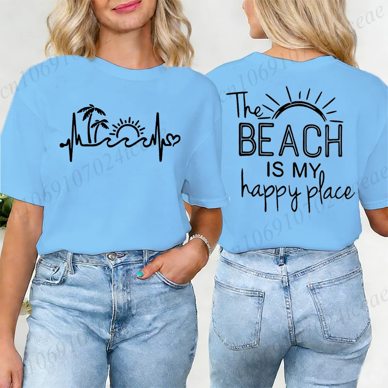 The Beach Is My Happy Place Print Women T Shirt Casual Summer Short Sleeve Crew Neck Beach Tee Female Fashion Streetwear Tops