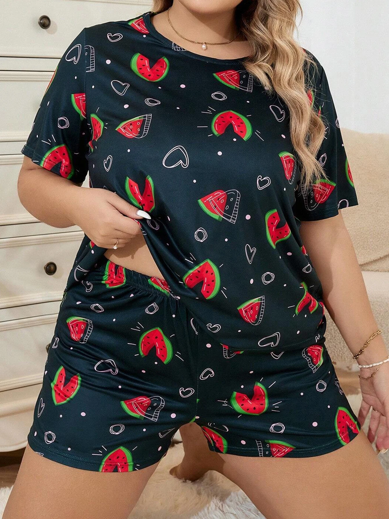 Summer casual watermelon printed short sleeved T-shirt&shorts oversized women\'s pajamas home clothing set